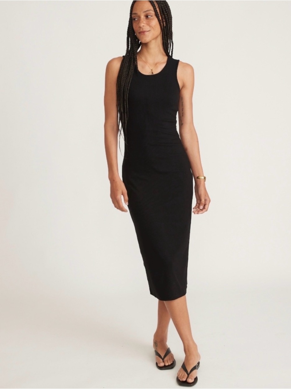Marine Layer Lexi Daytime Midi Dress Black Ribbed Sleeveless Body-con Stretchy